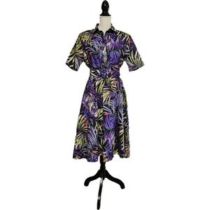Vtg 80s Jungle Print Belted Midi Swing Dress Size 10P Retro Grunge Whimsical